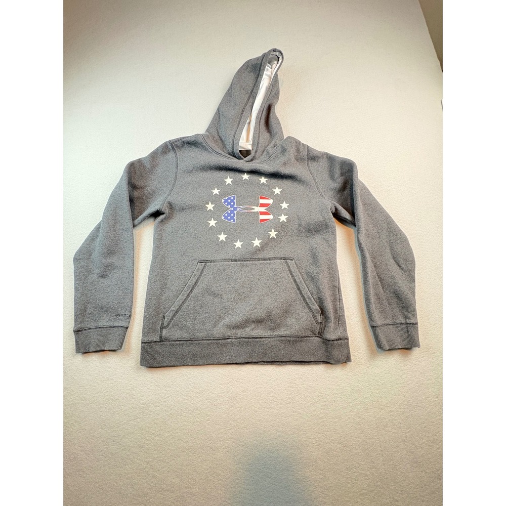 Under Armour ColdGear Mens Gray Patriotic American Flag Logo Hoodie  Youth Large